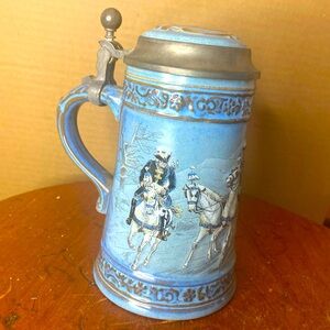 GERZ Lidded Beer Stein KING LUDWIG on Horse Drawn Sleigh West Germany